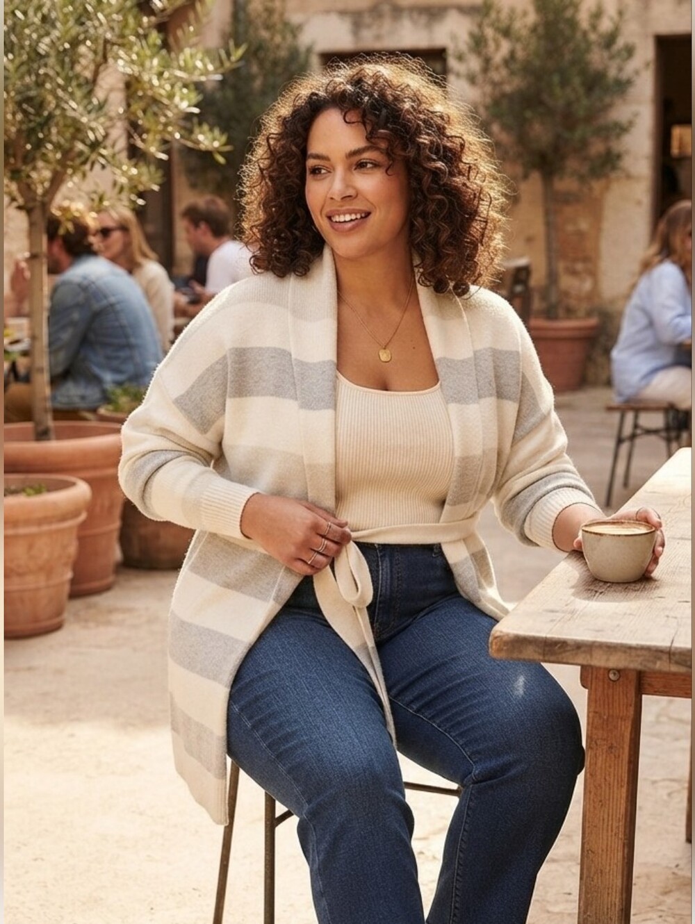 Striped Belted Shawl Collar Cardigan Sweater Neutral Layne Bryant Size 18/20